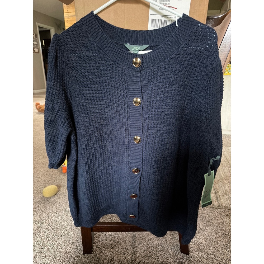 Terra & Sky Navy Blue Waffle Knit Short Sleeve Cardigan Gold Buttons Plus 1X NEW